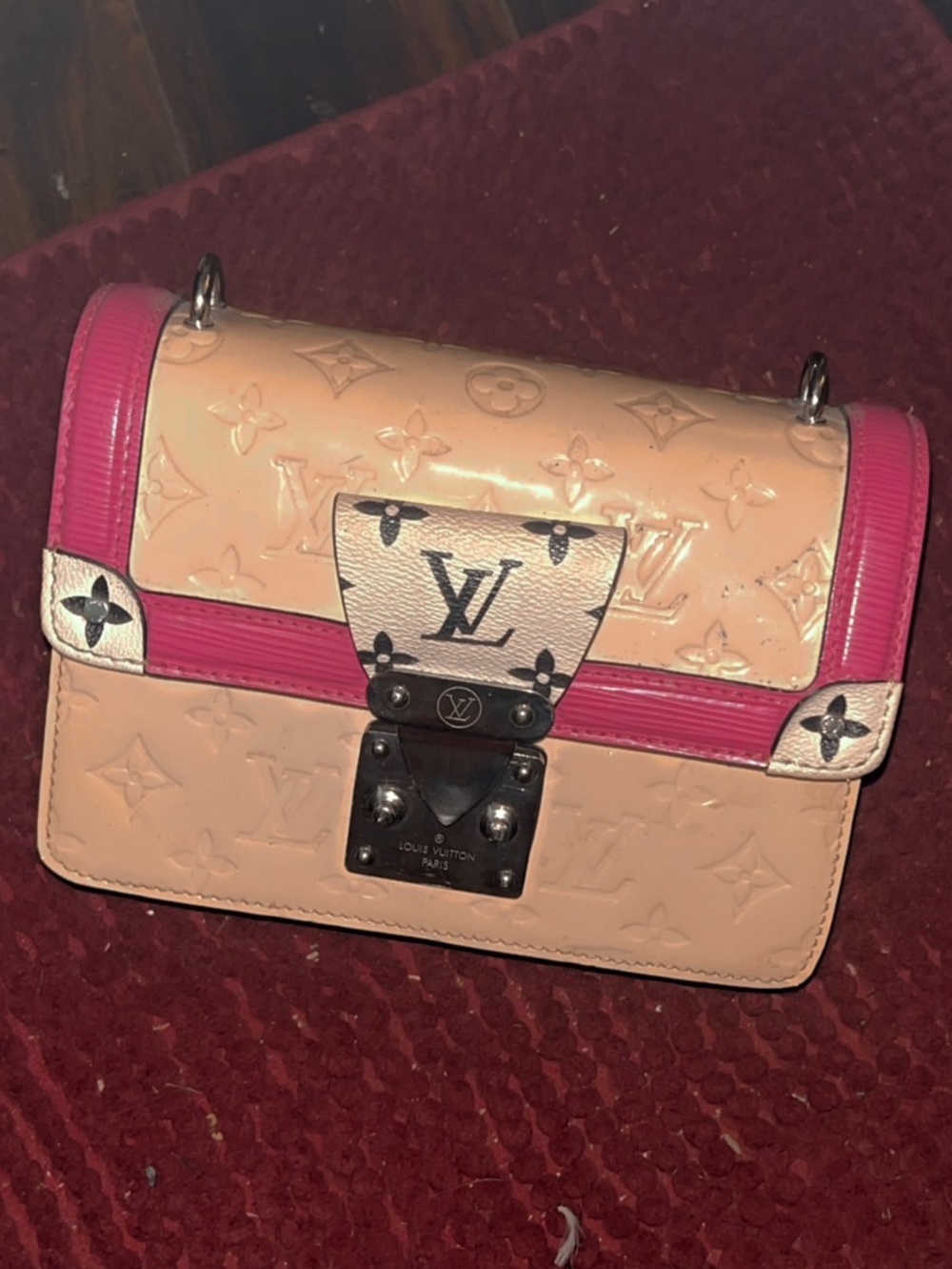 Pink & Cream Monogram Vernis Crossbody with Hot Pink Trim and Silver Hardware